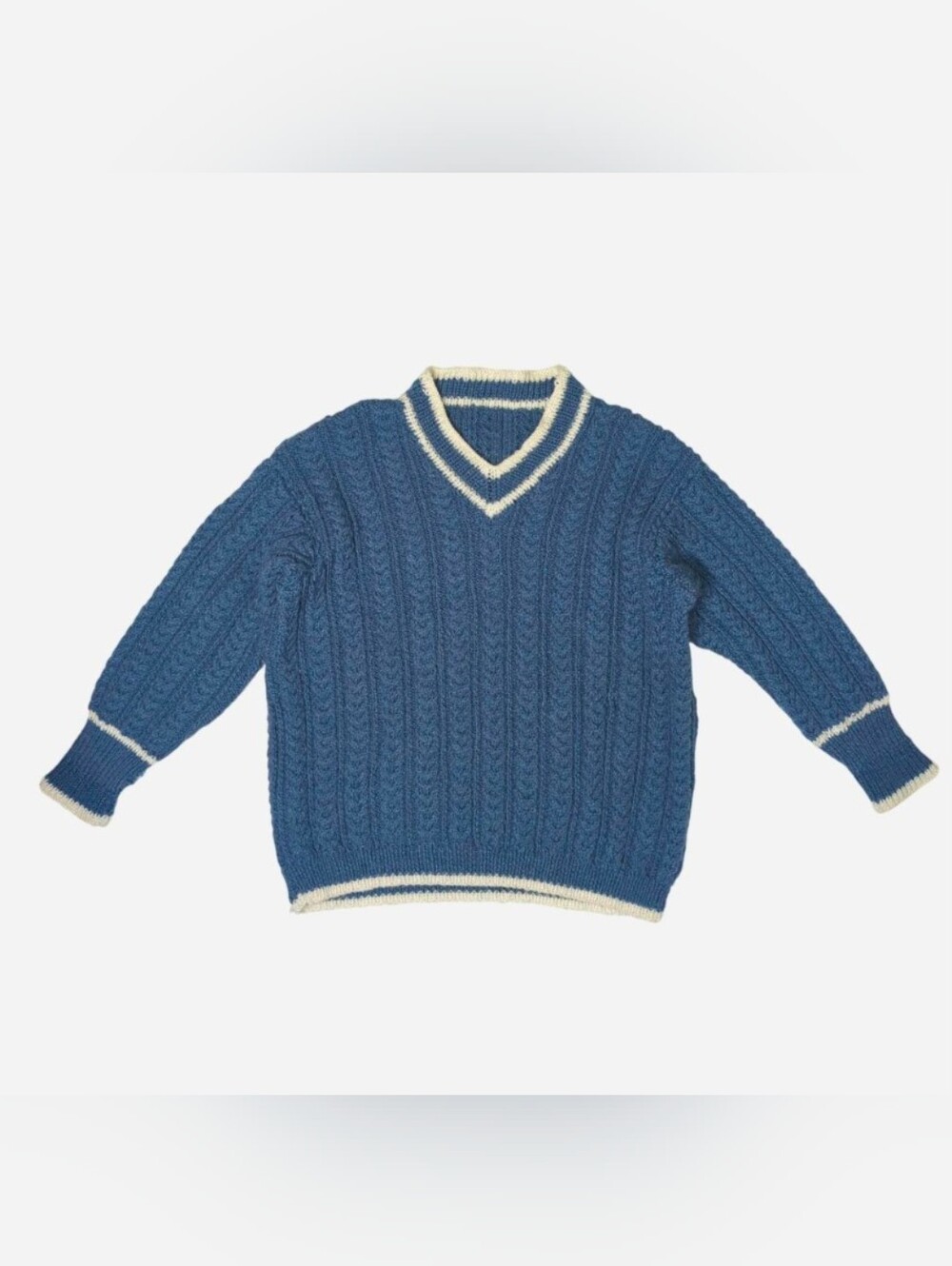 Hand made classic blue & white cable-knit cricket sweater Size Large